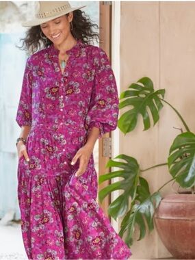 Sundance Rosalee lined tiered floral midi dress in a bright pink floral pattern